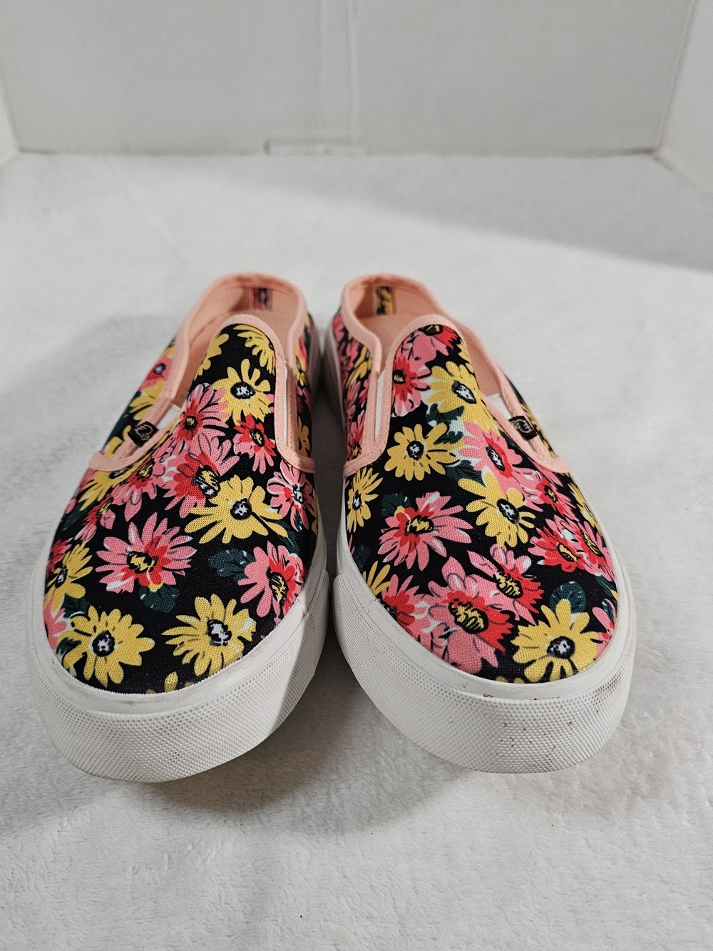 Lamo Black Floral Slip-On Sneakers with Pink & Yellow Accents